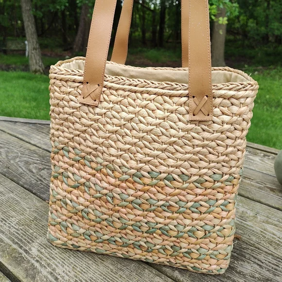 Woven Square Beach Tote Bag Straw Corn Husk Cotton Lined Natural Blue Pink - Picture 4 of 13
